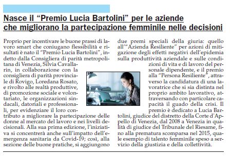 Rassegna stampa Premio Lucia Bartolini - Gente Veneta, 31 luglio 2020